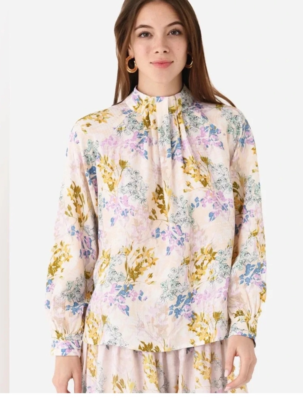 Hunter Bell Graham Silk Top Floral High-Neck Long-Sleeve Blouse, XS S M L